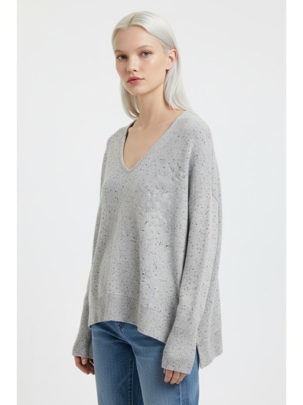 Tahari 100% 2-Ply Cashmere V-Neck Sweater Women’s L Gray Black Fleck High Low
